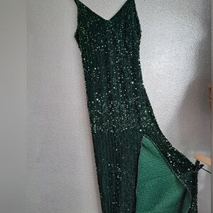 Formal Emerald Green Sequin Gown With Thigh High Slit